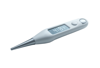 Digital thermometer showing an elevated body temperature in a clean clinical environment with dew