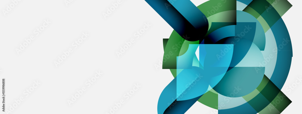 Poster abstract design features overlapping circular shapes. colors include teal, green, blue gradients. mi