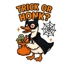 Cartoon duck in costume holding candy bag for Halloween  , Halloween goose