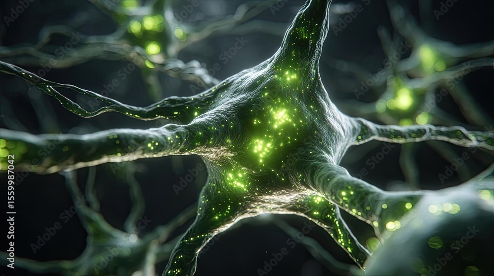 Aufkleber Neuro logic for adaptive neuron and biological concept. Close-up view of neurons with glowing green elements within.