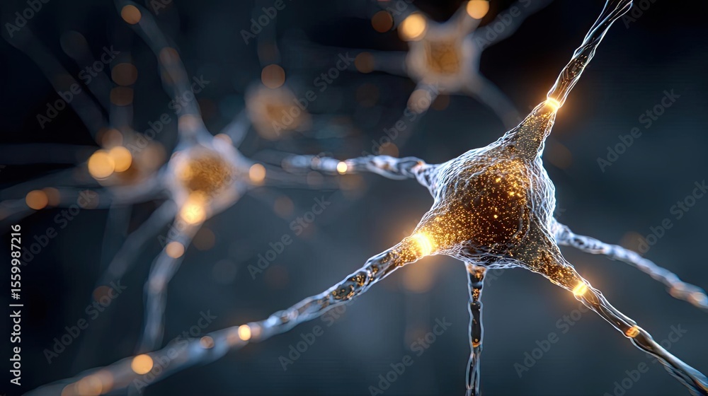 Aufkleber Neuro logic for adaptive neuron and biological concept. Close-up view of neurons with glowing connections in a dark setting.