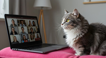 Curious Cat Watches Video Conference on Laptop