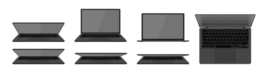 Realistic Gray Laptop Computer Vector Set – Front, Top, Angled, and Closed Screen Views, 3D Mockup of Generic Notebook for UI, Product, and App Design