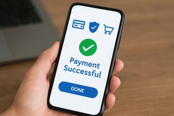 A hand holds a smartphone displaying a successful payment confirmation