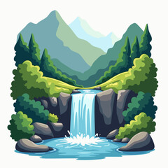 Scenic Waterfall Landscape with Lush Greenery and Majestic Mountains in a Cartoon Style Illustration