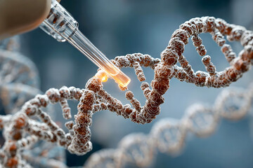 Close-up of DNA double helix structure with a pipette applying liquid, showcasing molecular biology and genetic research in a scientific laboratory environment