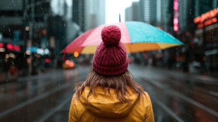 A woman wearing a vibrant beanie and yellow raincoat holds a colorful umbrella while walking down a rainy urban street, evoking feelings of joy amidst dreary weather.