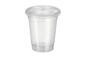 Realistic empty transparent plastic cup with lid on transparent background