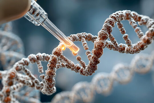 Close-up of DNA double helix structure with a pipette applying liquid, showcasing molecular biology and genetic research in a scientific laboratory environment