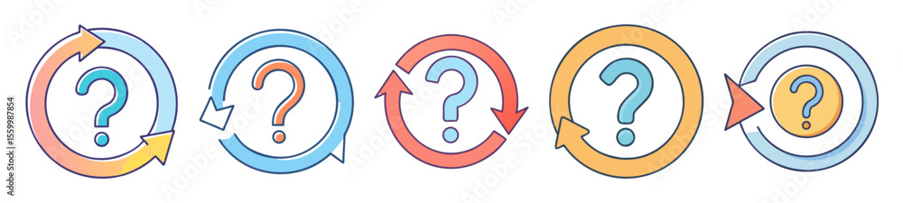 Poster icons of questions in circular arrows representing process and problem solving
