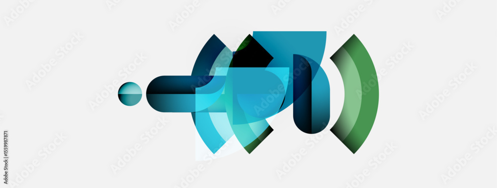Poster abstract shapes overlap, creating dynamic composition. blue, green hues dominate, suggesting movemen