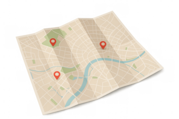 Folded city map showing locations with red pins on transparent background