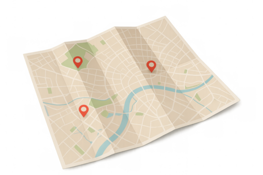 Folded city map showing locations with red pins on transparent background
