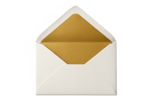 White envelope opening with gold interior on transparent background