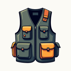 Cartoon Style Fishing Vest Illustration with Multiple Pockets and Orange Accents, Isolated on White Background