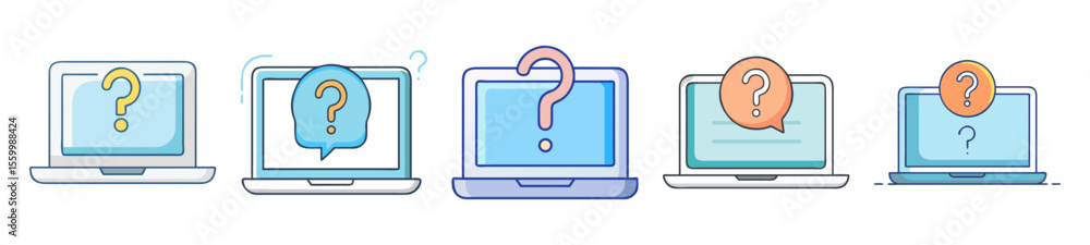 Poster conceptual illustration of laptops with question marks representing technical support or questions