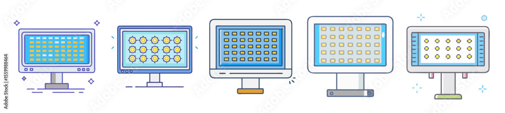 Poster illustrative array of computer screens displaying light grids and patterns