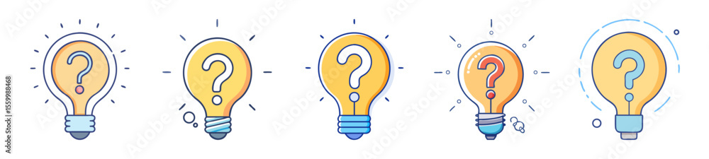 Poster conceptual light bulb set with question mark symbolizing idea generation process