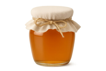 Glass jar filled with honey covered with cloth and tied with rope on transparent background