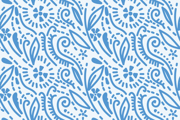 Scattered Geometric Line and nature Shapes. Abstract doodle Background Design. Vector Blue and White Pattern.