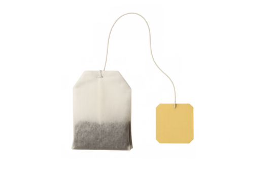 Unused tea bag with blank label on transparent background