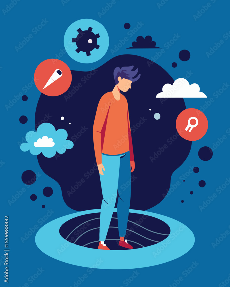 Poster a person ped in a deep pit of selfdoubt and insecurity the avalanche of negative thoughts and words 