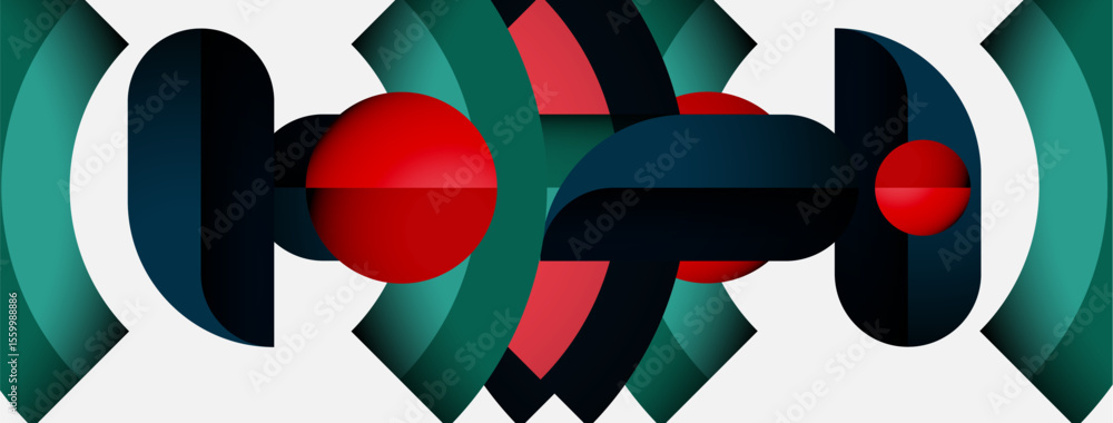 Poster Abstract geometric shapes, teal, red, dark blue. Minimalist design with overlapping forms, creating dynamic visual effect. Clean lines, modern aesthetic.