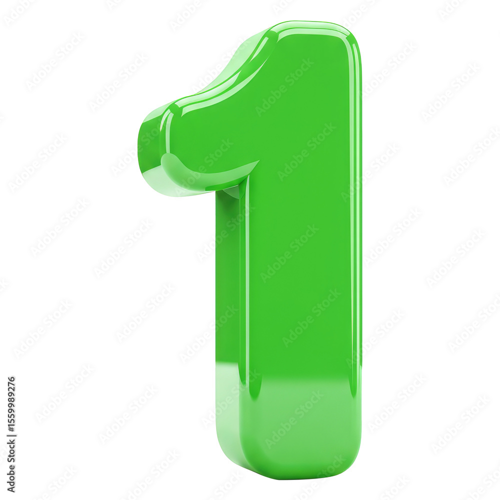 Poster a 3d shiny green number or digit one, glossy render of the number 1, 3d font for educational use. cu