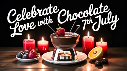 Chocolate fondue celebration with candles and fruit on july seventh holiday romantic dessert treat