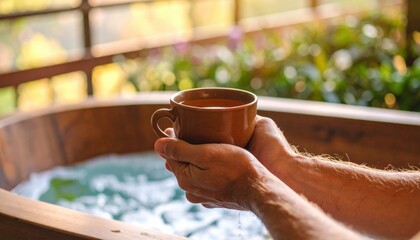 Hands Holding Brown Tea Cup In Wooden Spa Tub