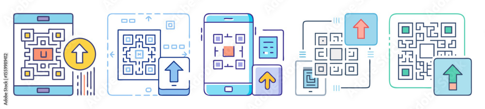 Poster stylized qr code scanning and data upload from mobile phone illustrations