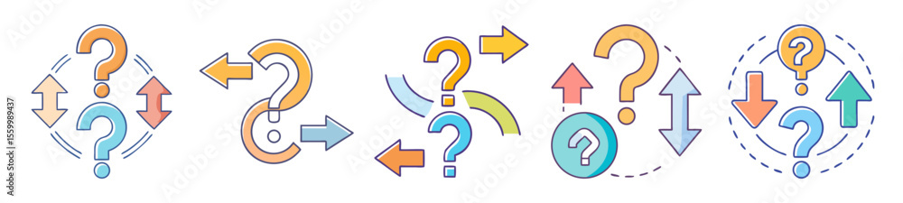 Poster stylized question mark icons with arrows pointing in different directions expressing uncertainty