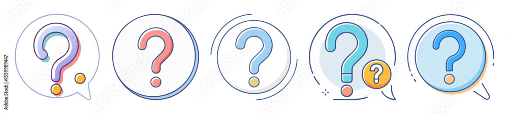 Poster five colorful question mark icons in circular shapes, illustrating various styles