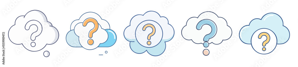 Poster clouds with question marks illustration set, representing uncertainty and seeking information