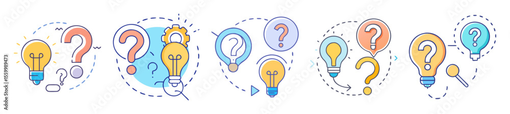 Aufkleber visual representation of problem solving process using lightbulbs and question marks