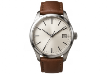 Wristwatch with brown leather strap showing time and date on transparent background