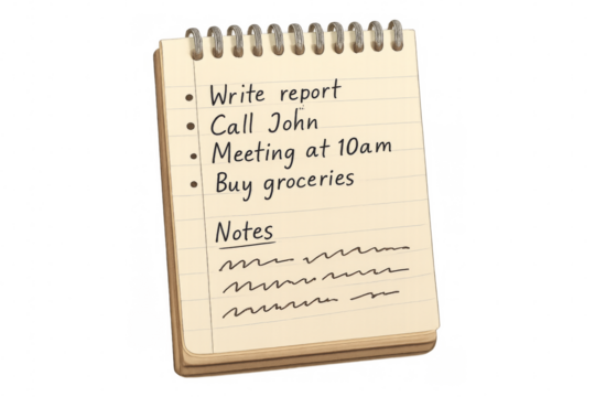 Notepad showing to do list and notes on transparent background