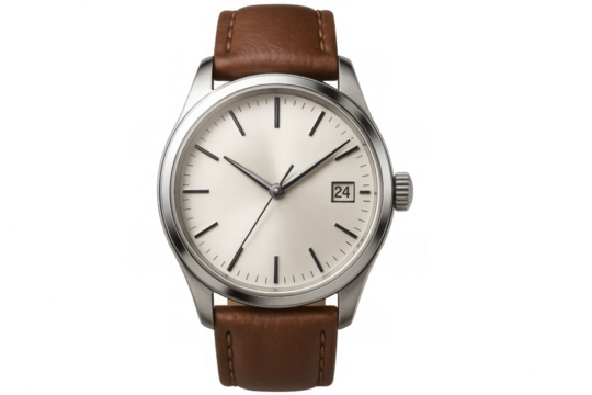 Wristwatch with brown leather strap showing time and date on transparent background