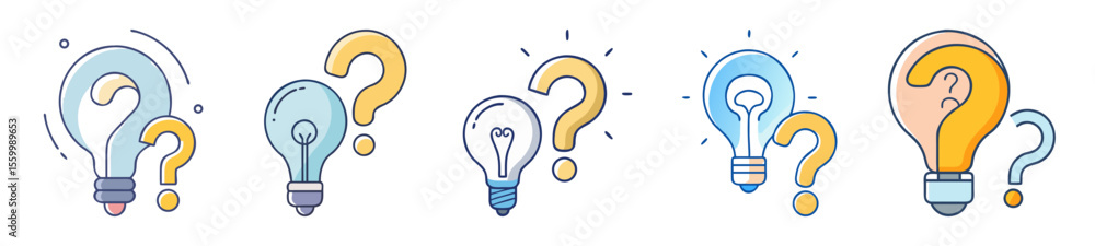 Poster set of five light bulbs combined with question marks represent problem solving