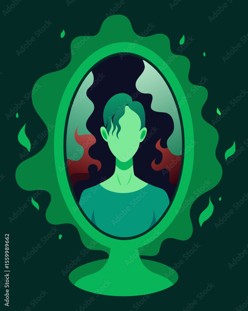 Poster a sickly green aura surrounds my reflection hinting at the toxic thoughts and behavior within.. vect