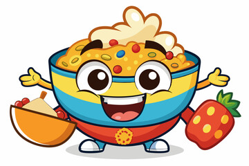 Colorful cartoon illustration of a blue bowl filled with golden cereal rings, isolated on a white background.