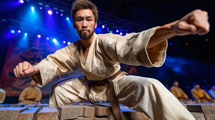 Focused Martial Artist in Action: A focused martial artist demonstrates exceptional skill and discipline during a captivating display of martial arts, capturing the essence of strength and precision.