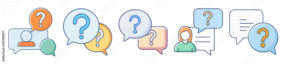 Poster illustrative icons of question marks and communication in speech bubbles for support