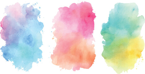 Set of colorful watercolor brush strokes, paint blots, and circles isolated on a Multicolored textured white background, 