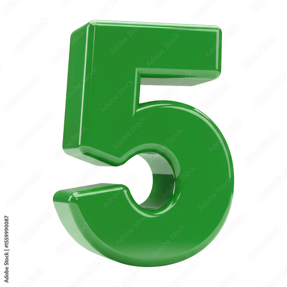 Poster a 3d shiny green number or digit five, glossy render of the number 5 3d font for educational use. cu