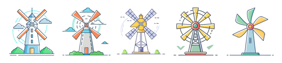 Collection of various colorful windmill designs isolated on a white background
