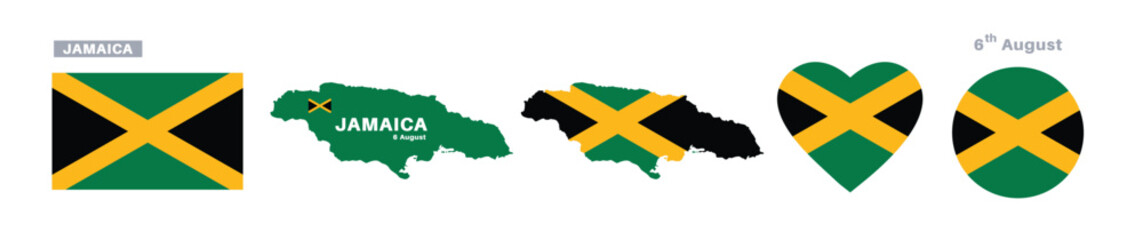Fototapeta premium jamaica flag and map set. jamaica flag in official colors and proportions. independence day 6 august , map, circle and heart shaped jamaica 