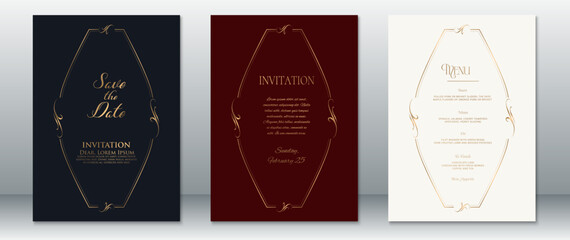 Classic wedding invitation and menu card templates featuring elegant golden curved frames on dark navy, burgundy red, and light cream backgrounds. Perfect for vintage, formal, and luxury wedding event