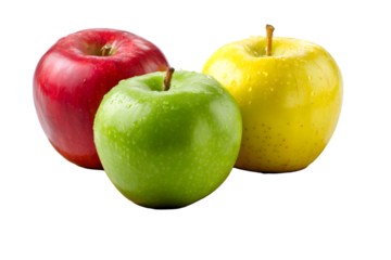Fresh red, green, and yellow apples arranged together on a clean surface, showcasing their vibrant colors