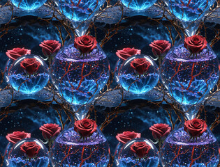 Seamless abstract pattern, roses in glass spheres on futuristic background. Modern unique design for textile, wallpaper, digital projects